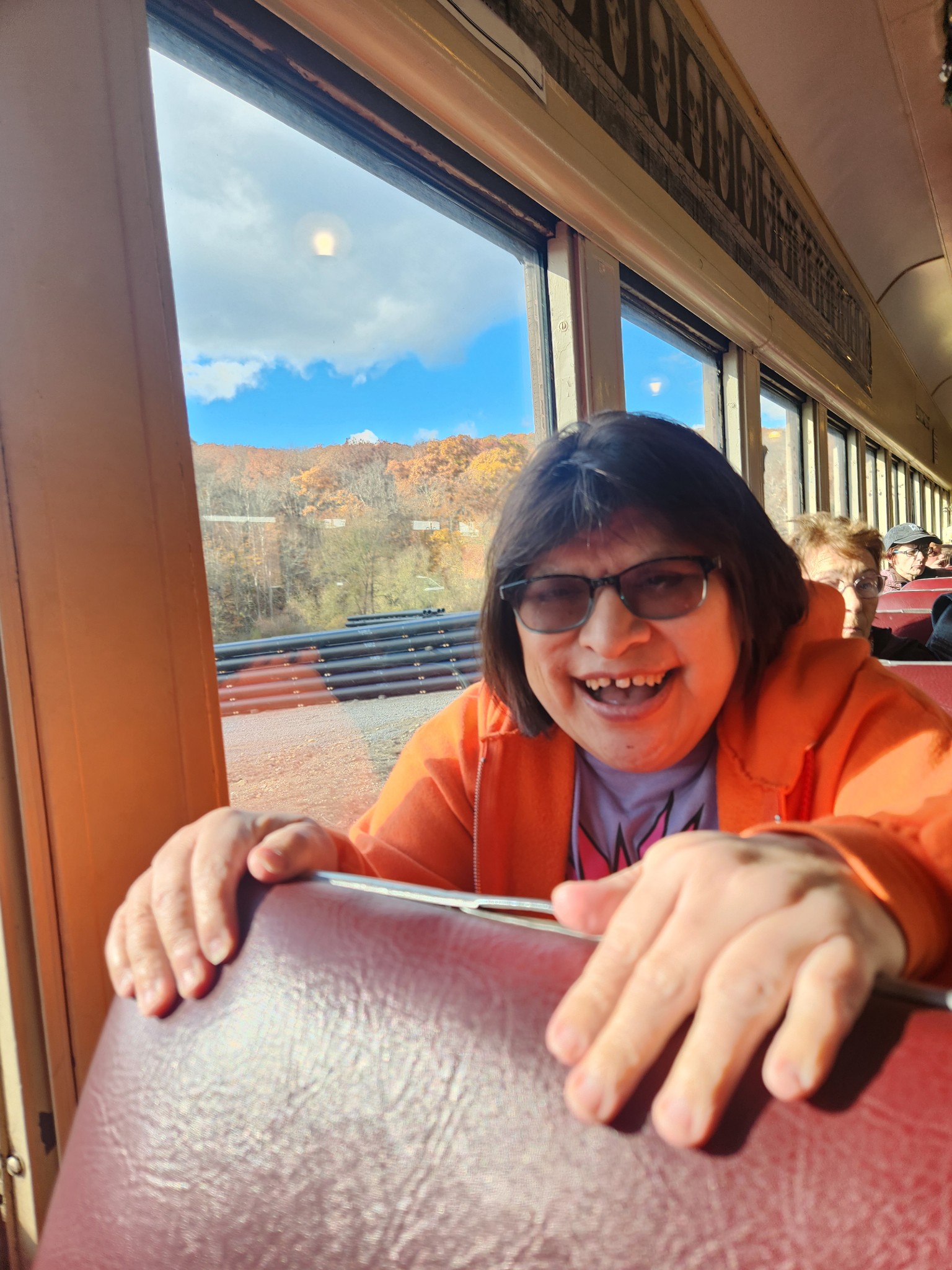 a woman riding on a train